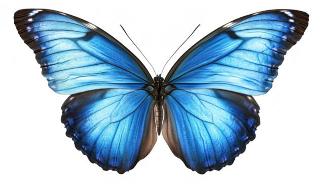 A blue butterfly with strikingly detailed wings spread wide. its iridescent colors against a clean white background. perfect for nature-themed designs or educational materials