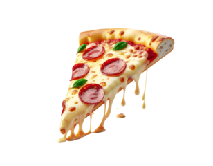 3D pizza slice icon isolated on transparent background. Realistic food and fast food symbol, perfect for restaurant, cafe, delivery, culinary, snack, and dining design projects.