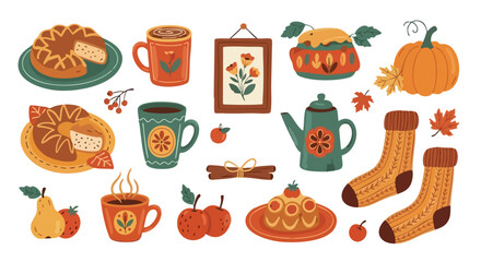 Cozy autumn harvest elements including pumpkin, pies, warm mugs, apples, pears, cinnamon, and knitted socks evoking comfort and seasonal joy