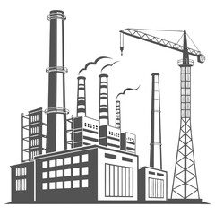 Industrial factory complex with multiple smokestacks emitting smoke and a tall construction crane against a white background