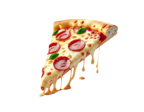 3D pizza slice icon isolated on transparent background. Realistic food and fast food symbol, perfect for restaurant, cafe, delivery, culinary, snack, and dining design projects.