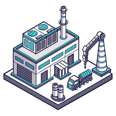Isometric illustration of a modern factory with a robotic arm truck and smokestacks representing industrial production and automation