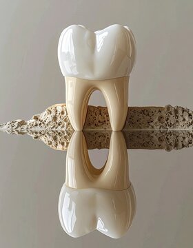 A meticulously detailed, ceramic model of a tooth, reflecting in a polished surface.  The tooth's enamel is a bright white, contrasting with the light beige of the dentin and the reflective surface. 