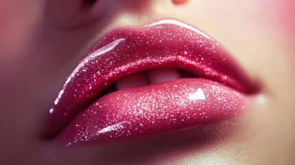 Glossy pink lips with shimmering glitter sparkle under soft light in a beauty-themed setting, showcasing a close-up perspective of modern makeup techniques