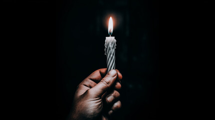 A hand holds a single lit candle in the dark, its warm flame glowing softly against the deep black background.