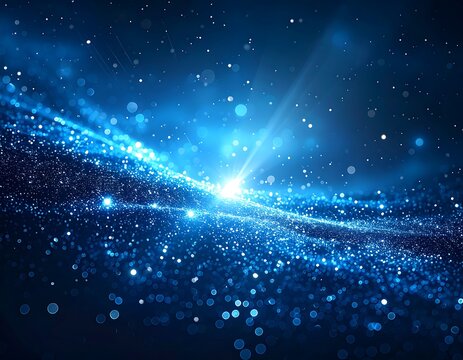 Abstract cosmic landscape with glowing particles and light rays