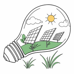 Sustainable energy concept illustration of solar panels inside a light bulb with sun and clouds representing clean power generation