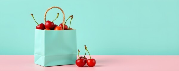 a pastel turquoise paper bag with cherries inside, styled with light two tone backdrop.