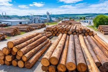 Logs stacked at lumberyard with sawmill factory