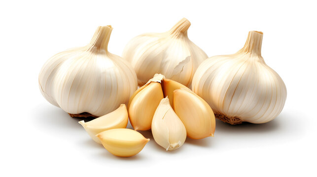 A cluster of garlic cloves with some garlic cloves broken open, against a white background.