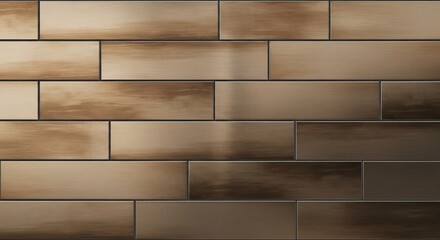 A wall constructed with horizontally oriented rectangular tiles in varied shades of brown interspersed with dark grout lines