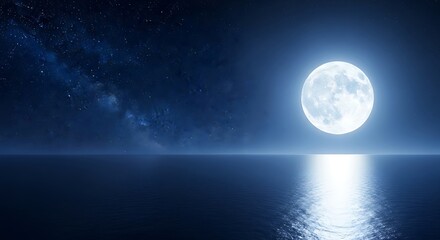 Obraz premium Experience the serene beauty of a full moon shimmering over a calm ocean under a starry night sky