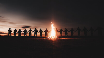 Silhouettes of people holding hands around a bonfire at dusk, symbolizing unity, ritual, and human connection.