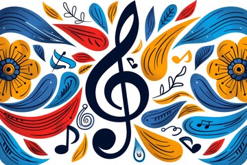 Treble clef with colorful musical notes and floral elements