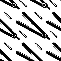 Seamless pattern with hairdressing accessories, hairdryer, curling iron, scissors, combs, hair clips, hair ties. Vector illustration, black and white design, repeating background