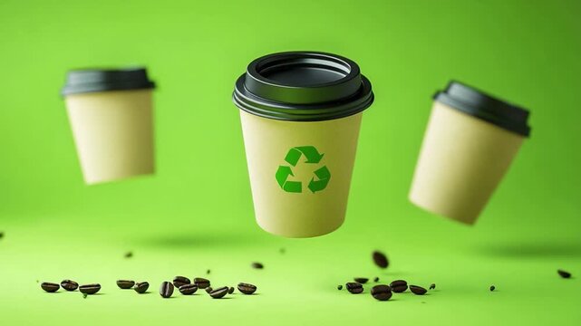 Eco-Friendly Coffee Moment: Coffee cups with a green recycling symbol levitating mid-air against a vibrant green backdrop, promoting eco-consciousness and sustainable practice.