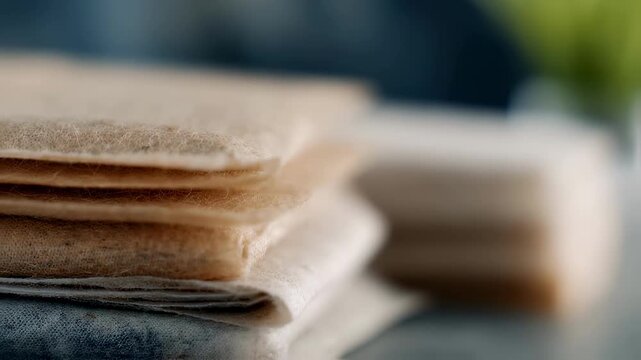 Closeup medium view of compostable packaging materials clearly focused emphasizing natural fibers and biodegradability in a blurred setting.