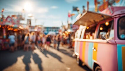 Vibrant summer street fair scene bursts with colorful food trucks and happy crowds enjoying the festive atmosphere under bright sunshine