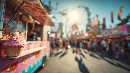 Vibrant summer festival scene with pink ice cream cone in foreground and blurred Ferris wheel and crowds creating a lively atmosphere