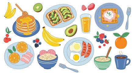 Vibrant collection of delicious breakfast foods and fruits bursting with flavor and color, perfect for culinary inspiration and healthy eating promotion.