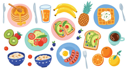Vibrant collection of delicious breakfast foods and fruits creates a cheerful and appetizing scene perfect for healthy eating inspiration and culinary projects