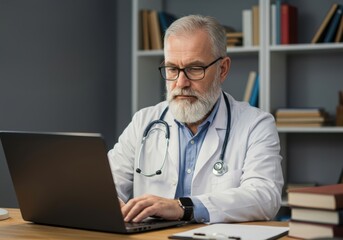 Elderly male doctor with white beard and stethoscope wearing a lab coat uses a laptop in his office