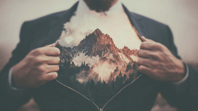 Man opening suit to reveal mountain landscape inside, symbolizing strength, freedom, and the power of nature within.