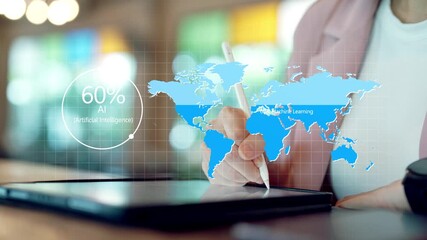 Close-up of a businesswoman using stylus on digital tablet with holographic global map and AI progress circle, symbolizing artificial intelligence, machine learning, and data-driven global technology. - Powered by Adobe