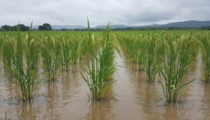 Obraz premium Medium shot of floodresistant crop varieties standing strong in waterlogged fields demonstrating adaptability to heavy rainfall conditions.