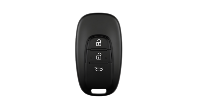 Close-up of a modern black electronic car key fob for keyless entry and vehicle access, presented as a plain object isolated on a clean white background