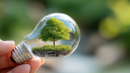 A hand holding a light bulb with a green tree growing inside, symbolizing eco energy, sustainability, and environmental protection.