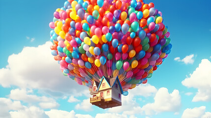 A colorful, whimsical scene featuring a house floating in the sky surrounded by a large balloon of multicolored balloons.