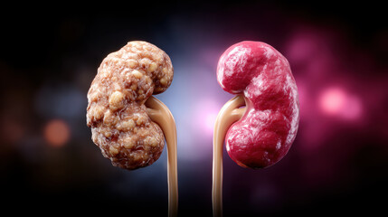 Conceptual comparison of healthy human kidney against one afflicted with painful kidney stone disease. serious medical illustration showing chronic urology condition