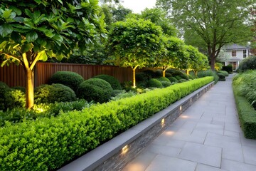 Obraz premium Modern garden landscaping with illuminated pathway and manicured hedges