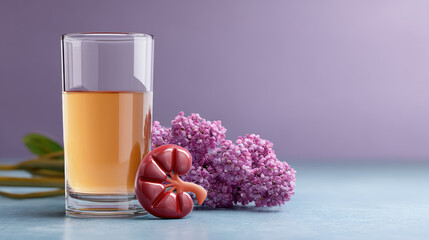 Soothing mangosteen juice healthy natural drink with lilac flower traditional herbal remedy for kidney stone disease prevention. calm wellness concept background