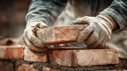 Brick Lifted by Gloved Hands – Shallow Depth Construction Close-Up