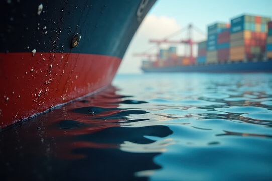 Close up cargo ship hull water reflection shipping container vessel port background industrial transport maritime sunrise calm logistics global trade