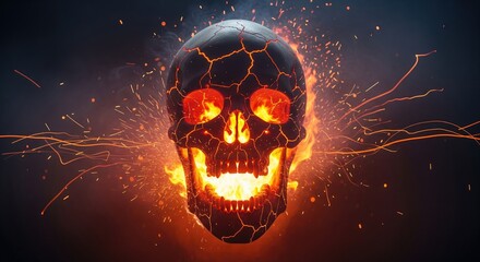 Flaming skull with glowing cracks, erupting fire and sparks from its mouth and eyes, symbolizes destruction, dark power, and horror. Perfect for fantasy, Halloween, and metal concept art themes