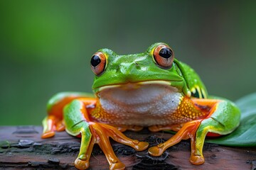 Fototapeta premium Green tree frog perched on wood branch