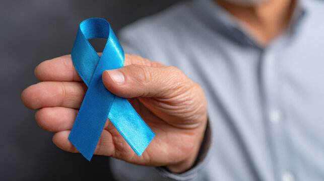 Serious man holding blue ribbon symbolizing prostate cancer awareness health campaign showing medical support and hope against disease on dark background