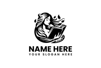 Elegant Woman Reading a Book with Flowing Hair and Leaf Accents Logo.