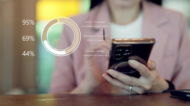 Business woman holding smartphone with digital dashboard interface and circular data chart, representing mobile analytics, fintech application and real-time monitoring for infographic video and busine