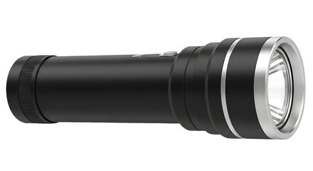 High-power portable LED flashlight tool. A modern metallic handheld torch isolated against a clean, plain white background