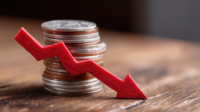 Downward red arrow on coin stack shows concerning emerging market trend. sign of financial crisis growing debt recession and poor investment return on wooden table