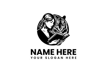 Elegant Woman Reads Book Beside Tiger in Black and White Logo.