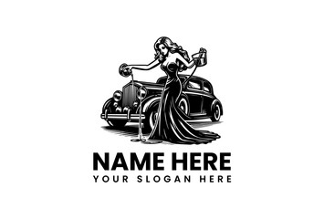 Elegant Woman Servicing Classic Car in Vintage Style Illustration.