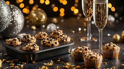 Muffin tin filled with gourmet chocolate chip muffins for a cozy New Years Eve celebration surrounded by elegant silver and gold party decorations confetti and champagne glasses for a festive mood
