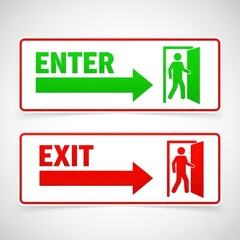 Enter and exit signs with arrows and figures isolated on white background