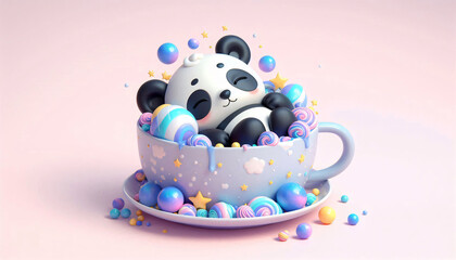 A panda is playing in a glass filled with colorful candies.