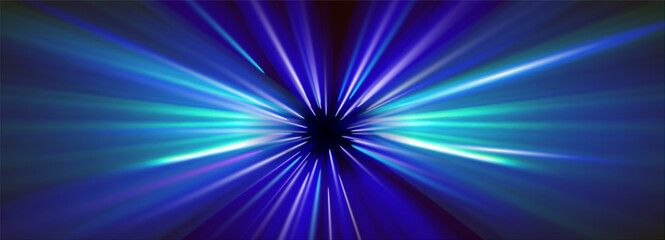 Hyperspace laser lightspeed effect with blue fiber flares and digital vector explosion. Futuristic quantum burst or radial galaxy pattern for technology backgrounds. Dynamic motion blur or infinity.